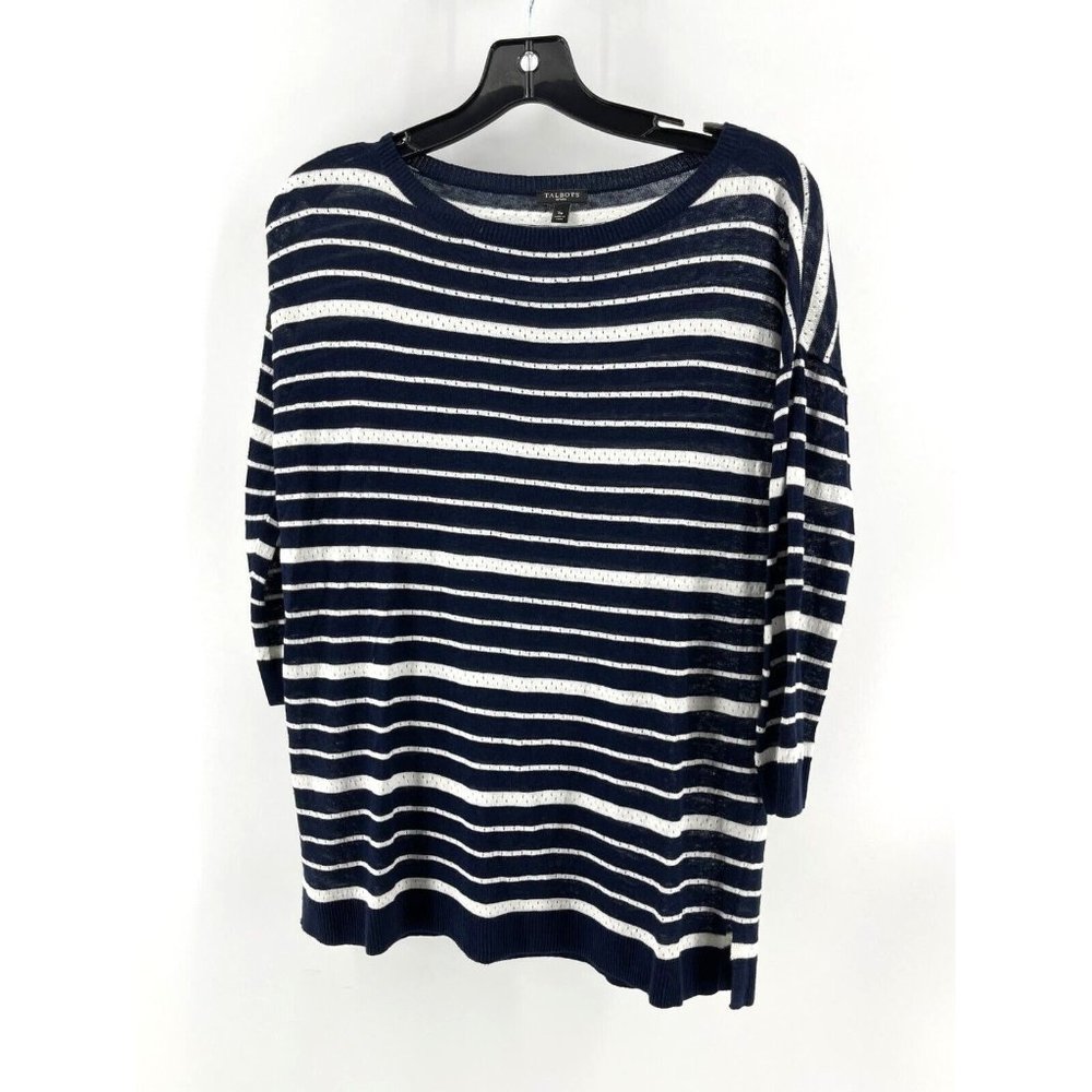 Talbots Petites Women's Black White Striped 3/4 Sleeve Knit Sweater Size SP